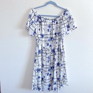 Summer Off-Shoulder Blue Floral Dress with Tied Waist